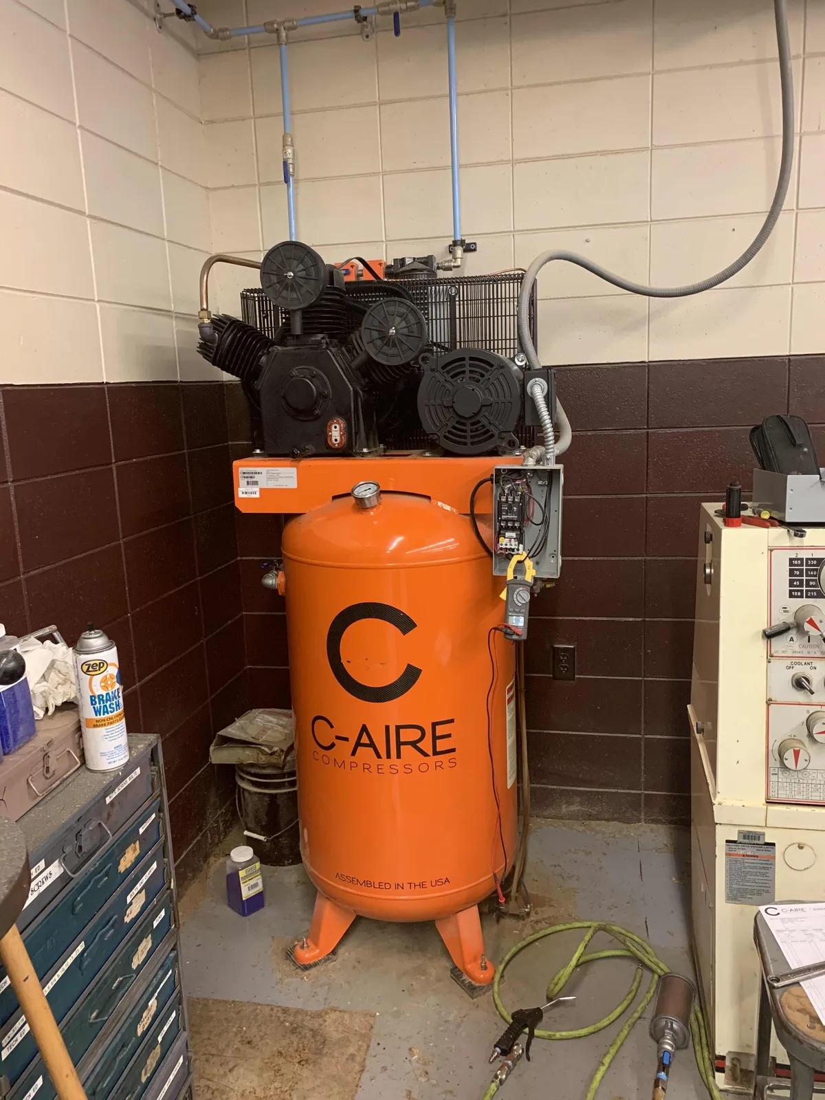 C-Aire 7.5 HP 80 Gal Vertical Air Compressor (Fully Packaged) installed at High School Technology Education Program in Grantsburg, WI
